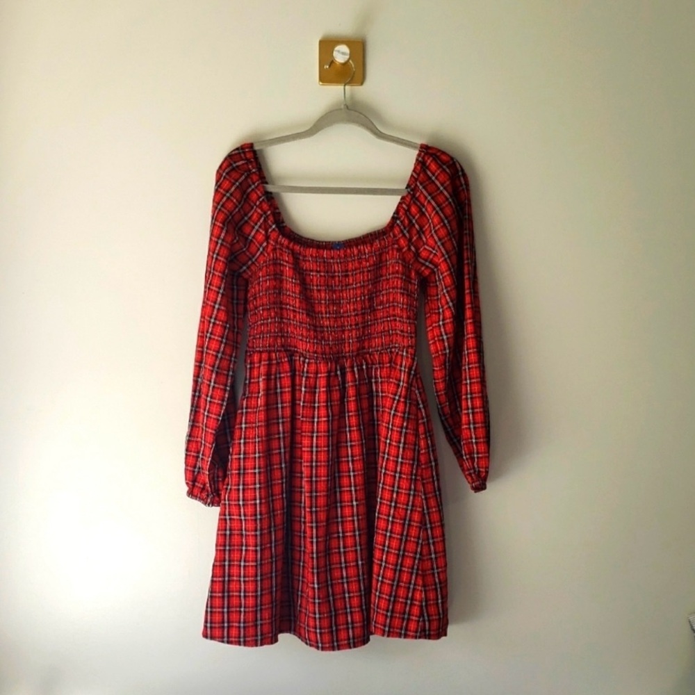 Old Navy Seersucker Mini Dress Small Red Black Tartan Plaid Long Sleeve Holiday